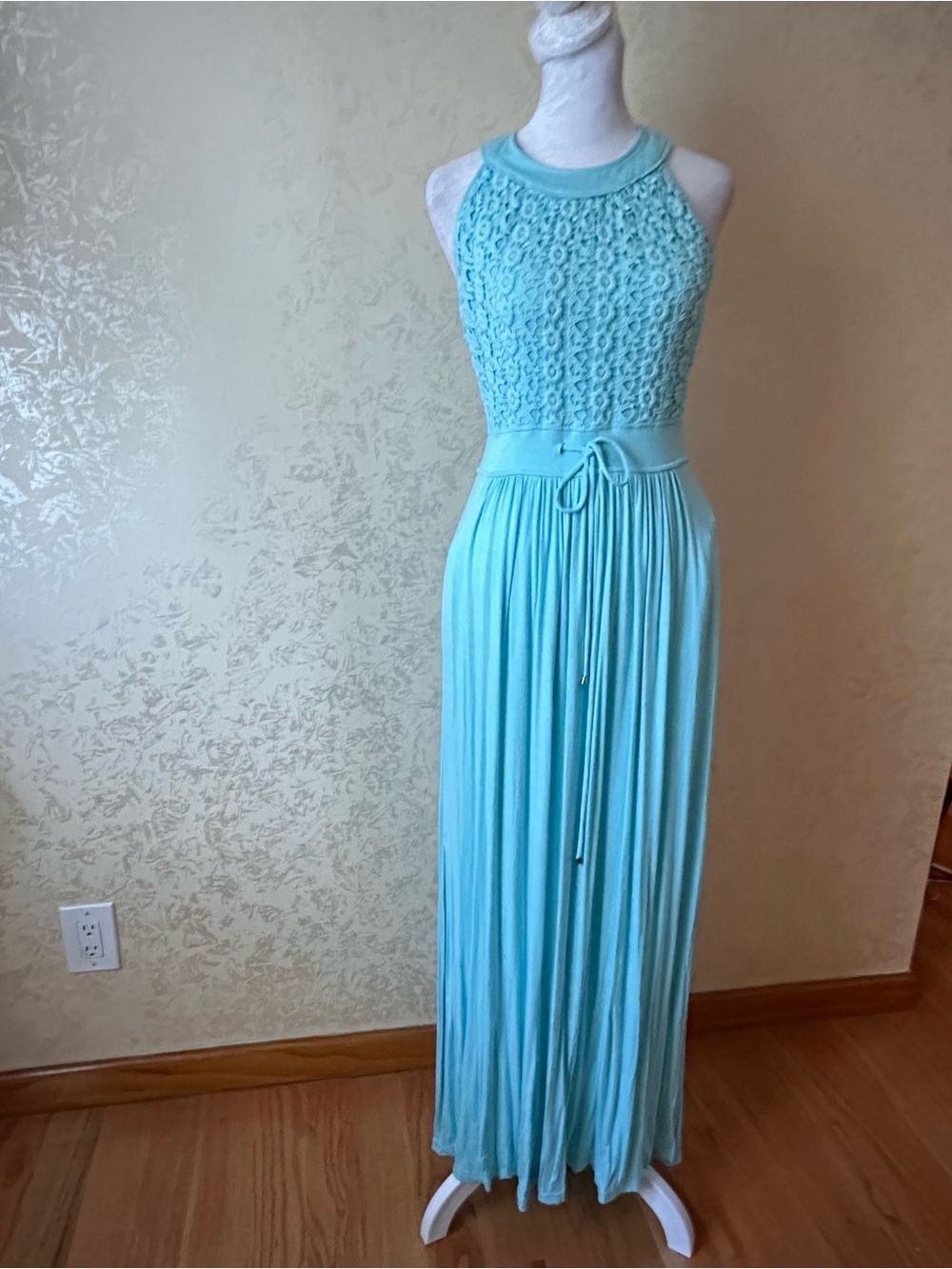 Calvin Klein Aqua Sleeveless Maxi with Knit Bodice and Waist Tie
